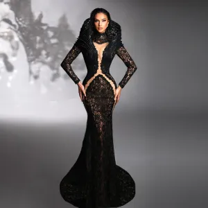 High Neck Long Sleeve Lace Maxi Bodycon Dress HT1140