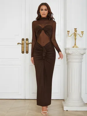 High Neck Long Sleeve Tulle Maxi Bodycon Dress HB00720