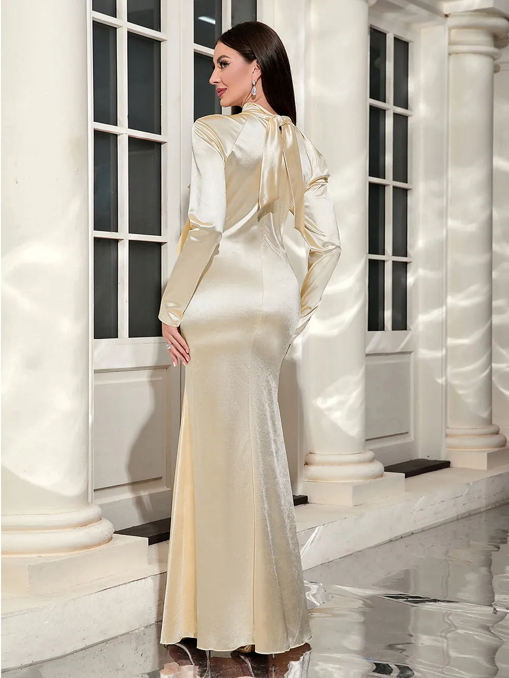 High Neck Shoulder Hollowing Maxi Bodycon Dress HB10195