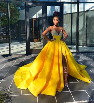 High Split Halter Ball Gown