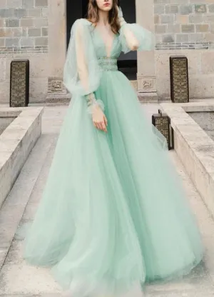Illusion Long Sleeve Sage Green Party Dress