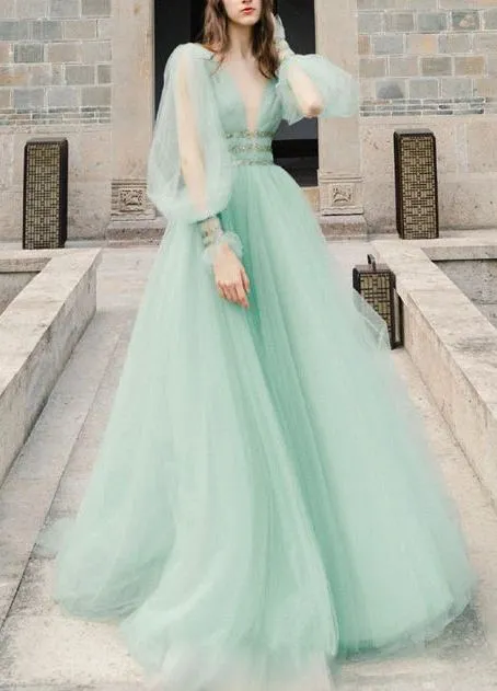 Illusion Long Sleeve Sage Green Party Dress