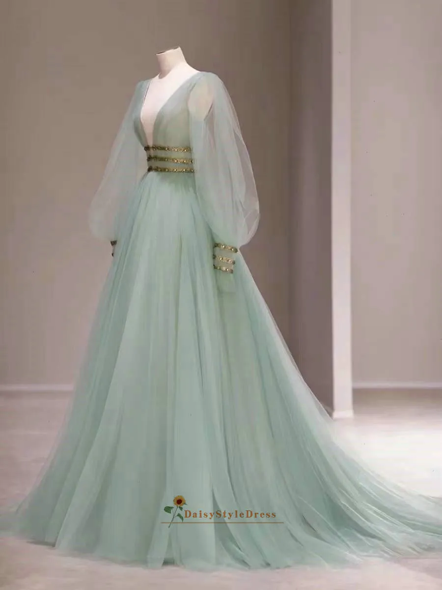 Illusion Long Sleeve Sage Green Party Dress