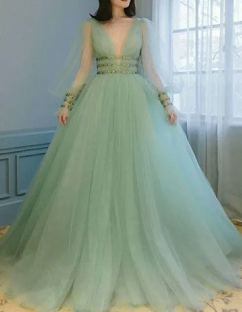 Illusion Long Sleeve Sage Green Party Dress