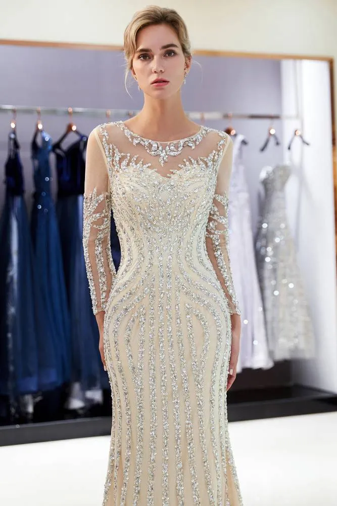 Illusion Long Sleeves Mermaid Beading Sweep Silver Prom Evening Dress