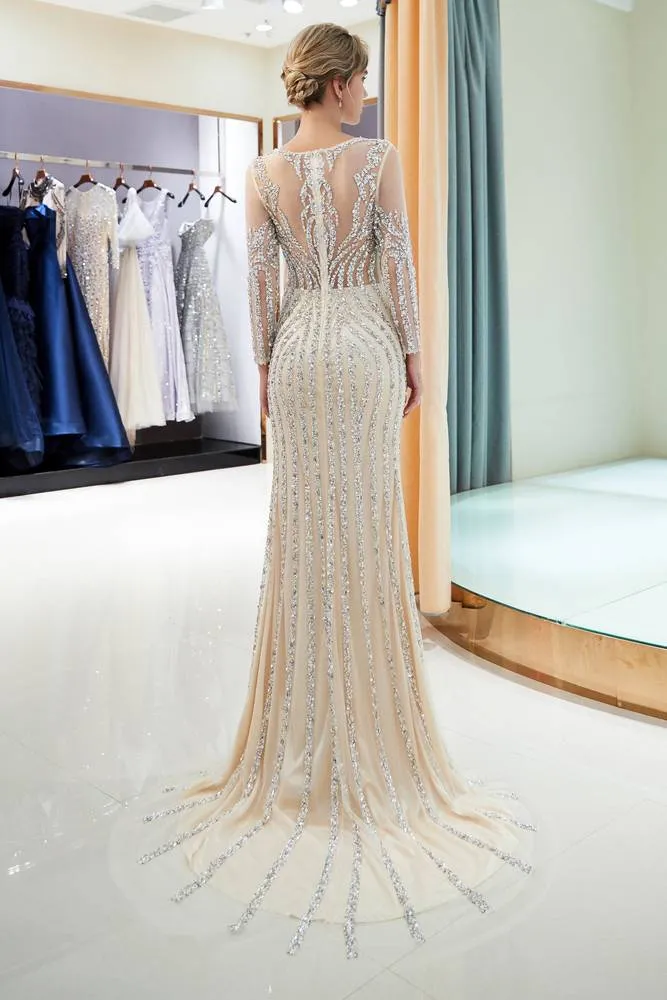 Illusion Long Sleeves Mermaid Beading Sweep Silver Prom Evening Dress