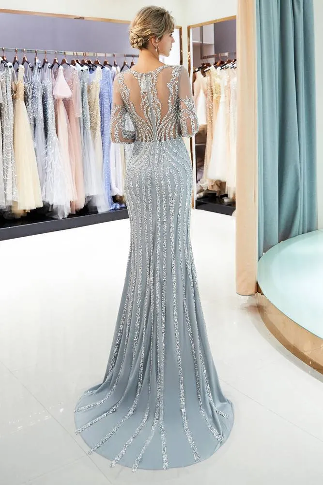 Illusion Long Sleeves Mermaid Beading Sweep Silver Prom Evening Dress