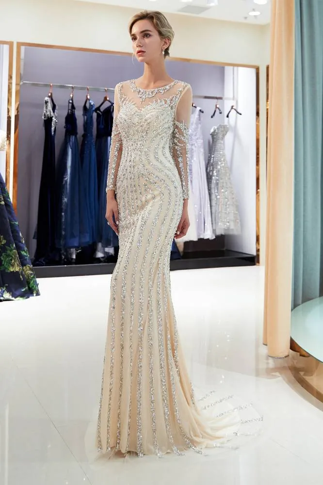 Illusion Long Sleeves Mermaid Beading Sweep Silver Prom Evening Dress