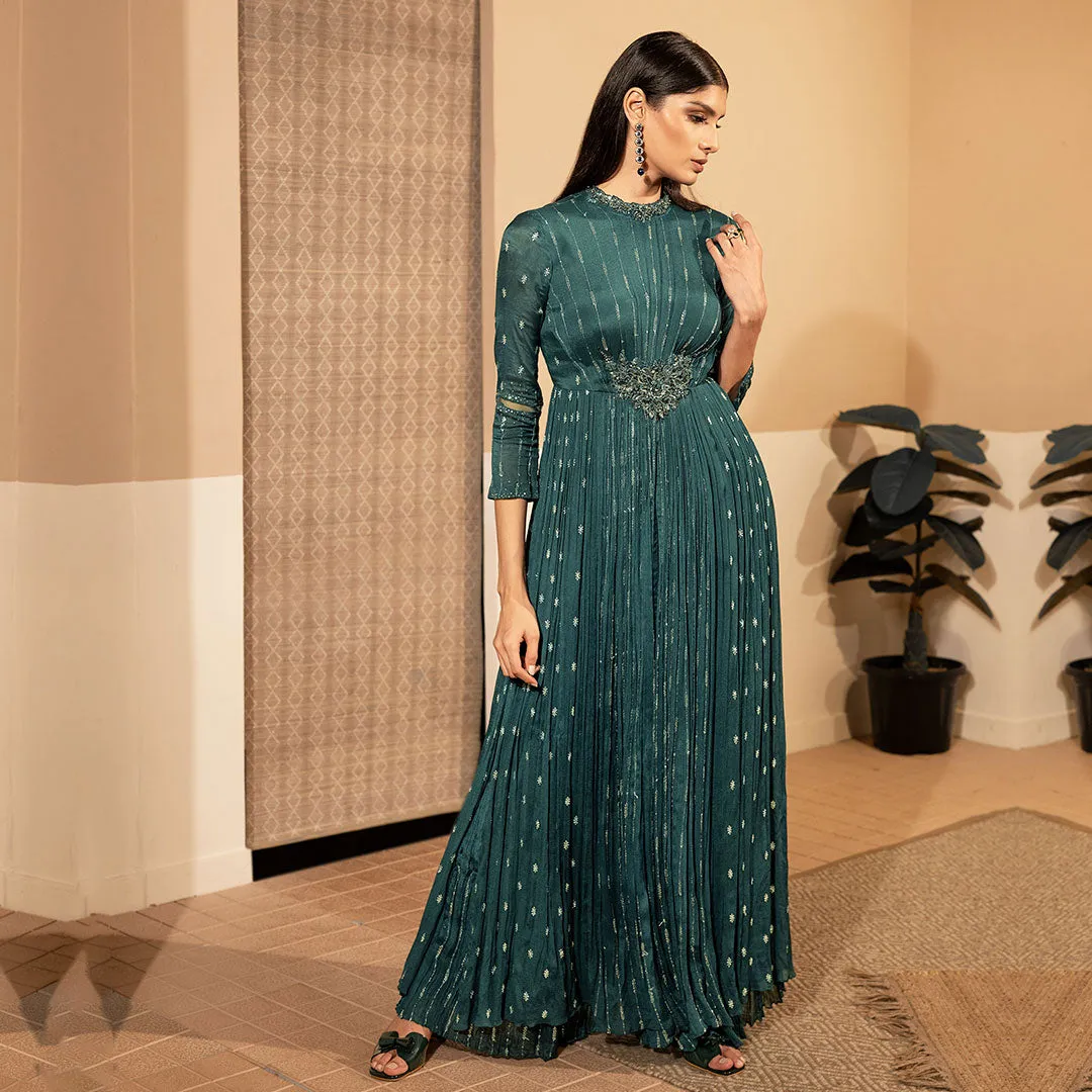 Intense Gray Long Designer Pleated Gown Dress