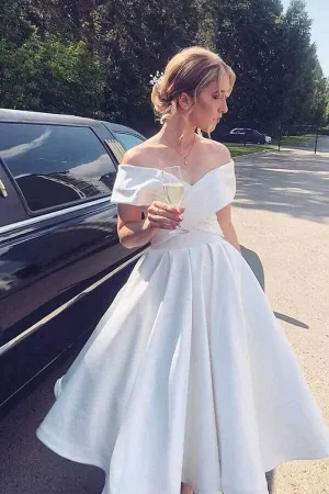 Ivory Satin A-line Tea Length Off-the-Shoulder Short Wedding Dresses, SW517