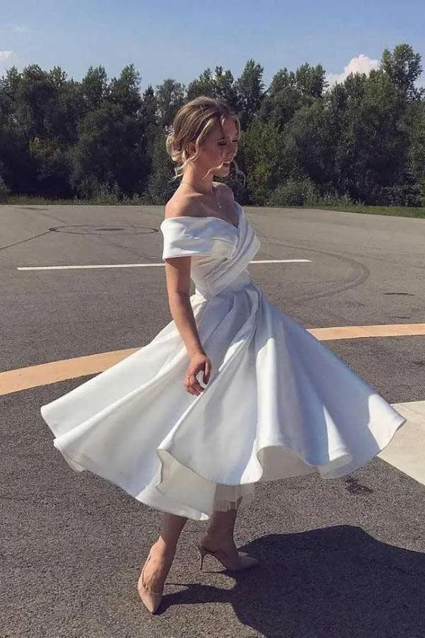 Ivory Satin A-line Tea Length Off-the-Shoulder Short Wedding Dresses, SW517