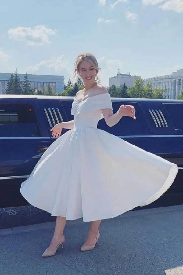 Ivory Satin A-line Tea Length Off-the-Shoulder Short Wedding Dresses, SW517