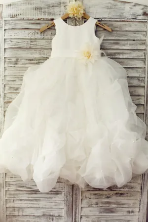 Ivory Satin Organza Ruffle Ball Gown Flower Girl Dress, Feather Flower