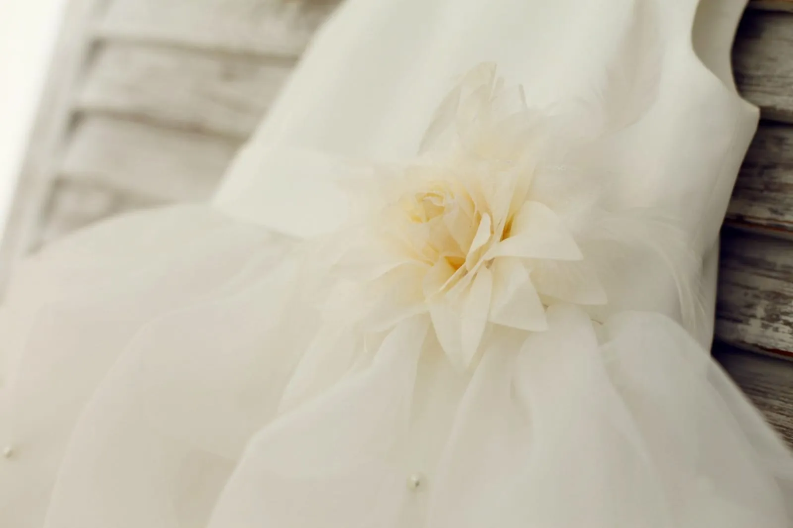 Ivory Satin Organza Ruffle Ball Gown Flower Girl Dress, Feather Flower
