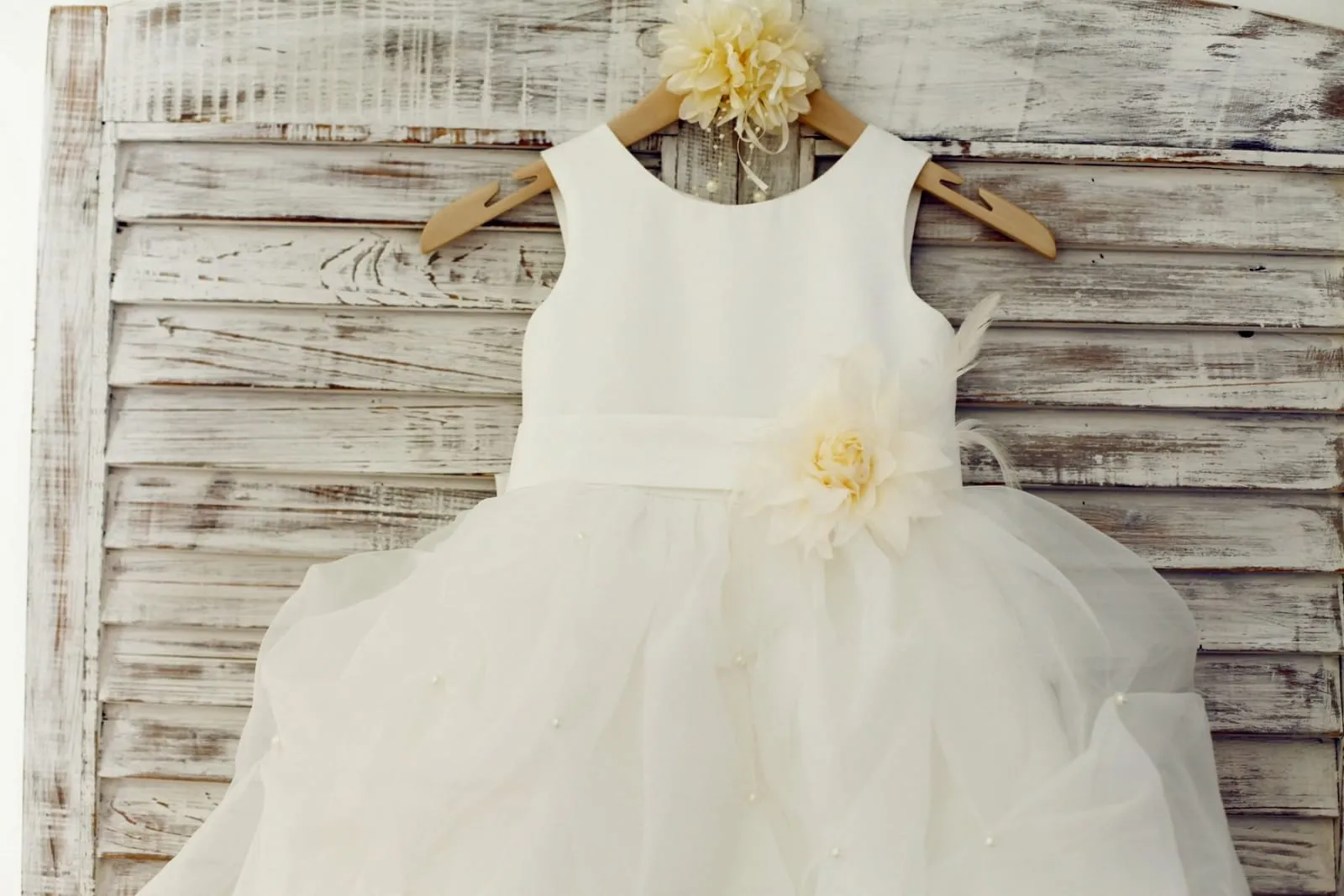 Ivory Satin Organza Ruffle Ball Gown Flower Girl Dress, Feather Flower