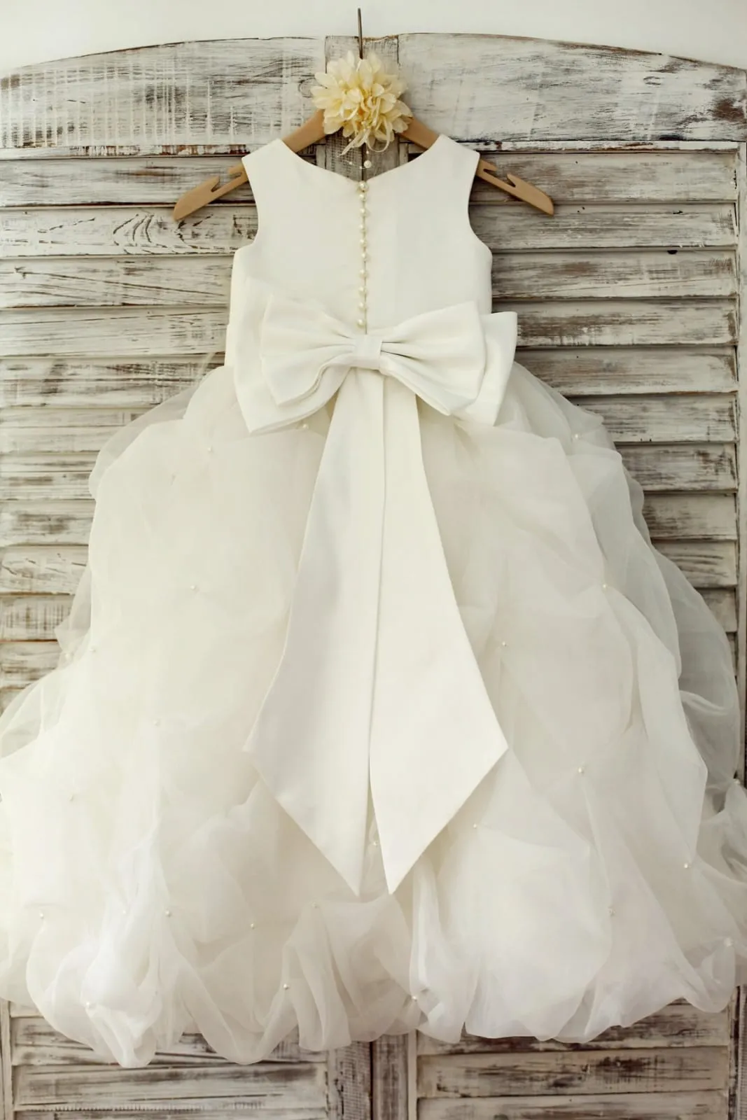 Ivory Satin Organza Ruffle Ball Gown Flower Girl Dress, Feather Flower