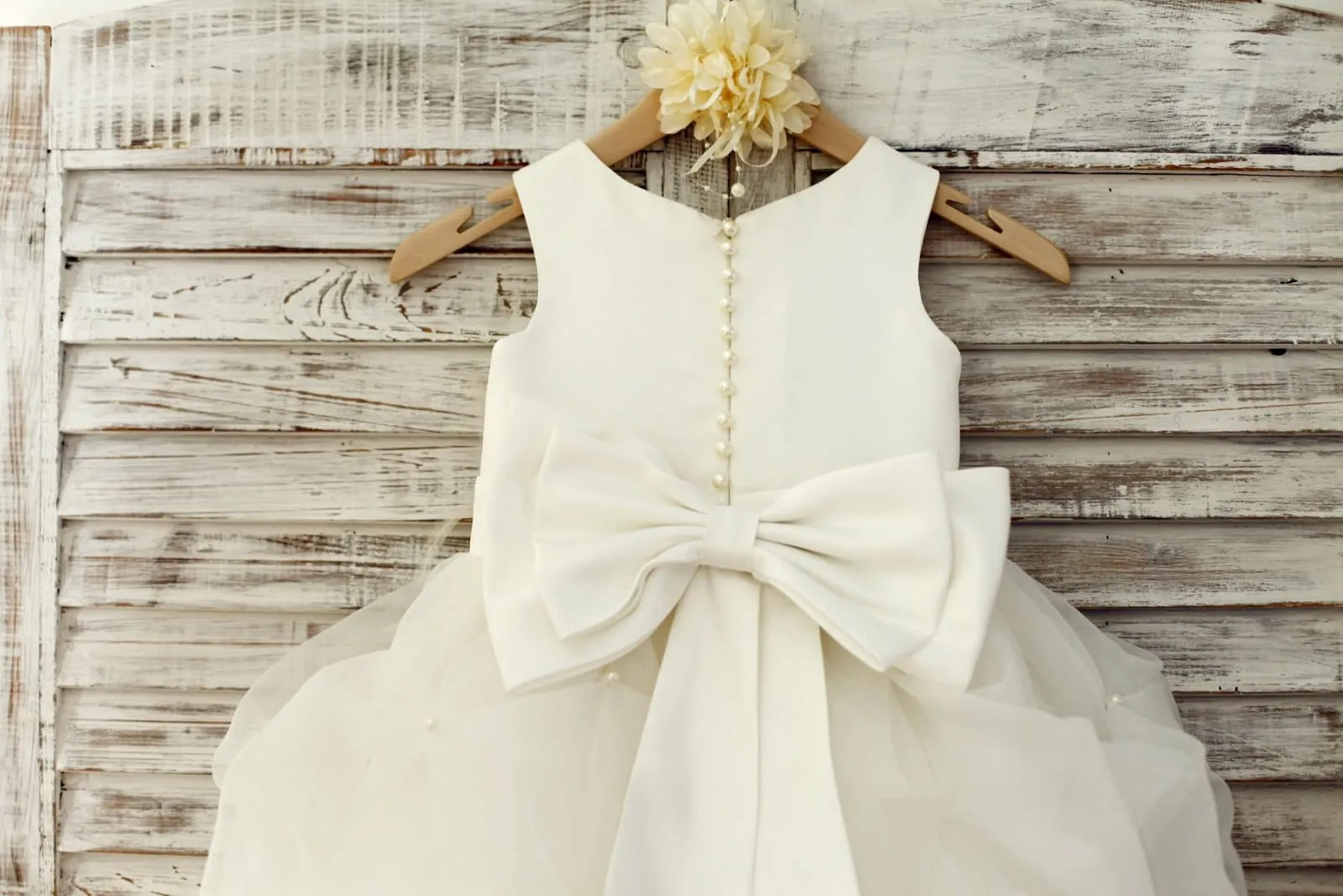 Ivory Satin Organza Ruffle Ball Gown Flower Girl Dress, Feather Flower