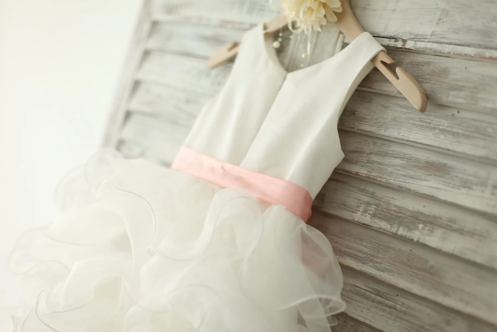 Ivory Satin Ruffle Organza Skirt TUTU Princess Flower Girl Dress