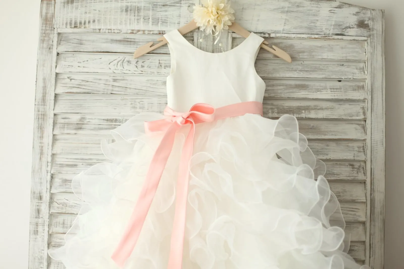Ivory Satin Ruffle Organza Skirt TUTU Princess Flower Girl Dress