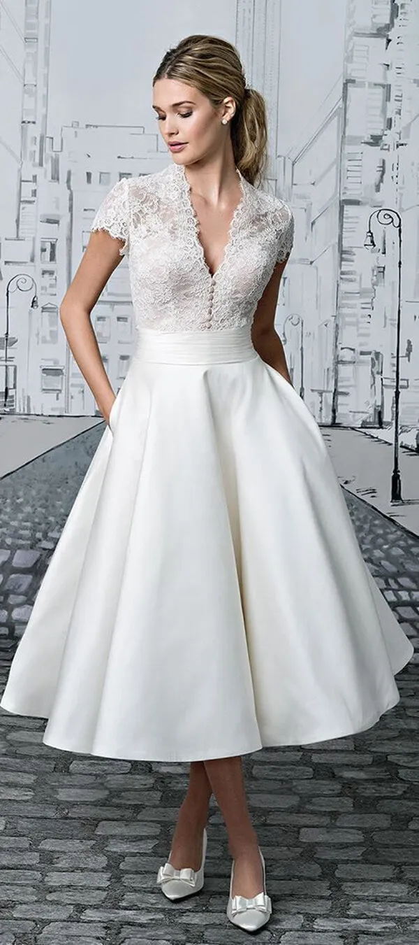 Ivory Vintage Lace V-neck Tea-length Short Wedding Dresses, Bridal Gown, SW403