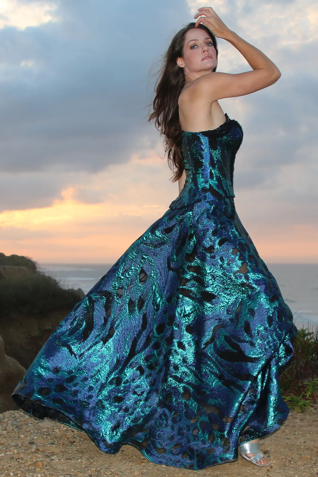 Jewel Toned Hand Beaded Burnout Organza Gown