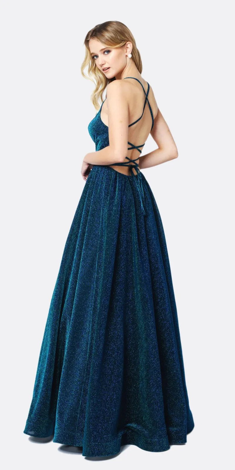 Juliet 204 Criss Cross Back Ball Gown Style Glitter Dress