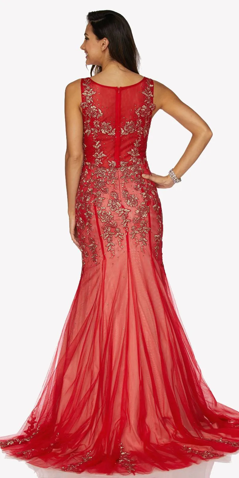 Juliet 656 Sleeveless Appliqued Mermaid Gown Godets and Train