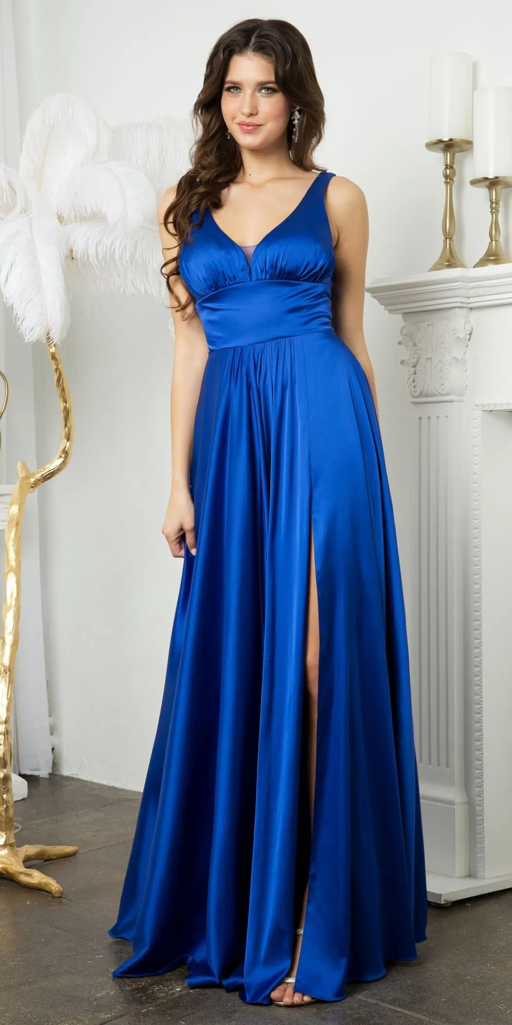 Juno 958 Floor Length Stretch Satin V-Neck A-Line Dress with Pockets and Slit