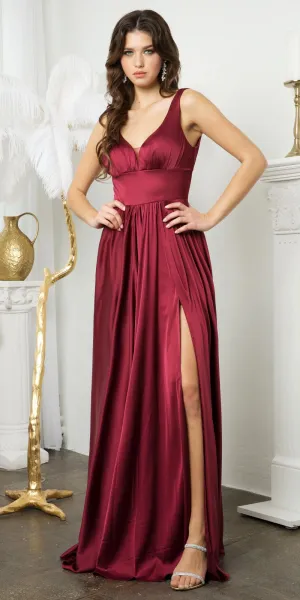Juno 958 Floor Length Stretch Satin V-Neck A-Line Dress with Pockets and Slit