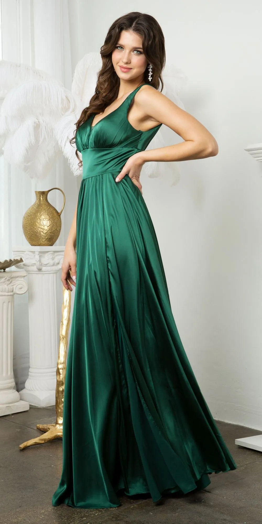 Juno 958 Floor Length Stretch Satin V-Neck A-Line Dress with Pockets and Slit