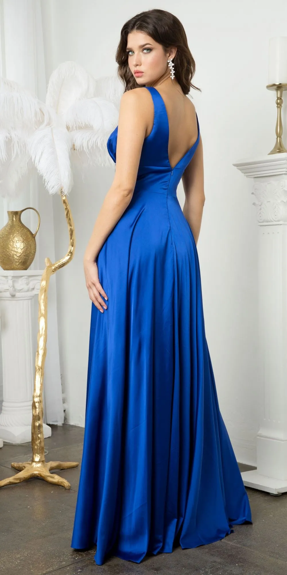 Juno 958 Floor Length Stretch Satin V-Neck A-Line Dress with Pockets and Slit