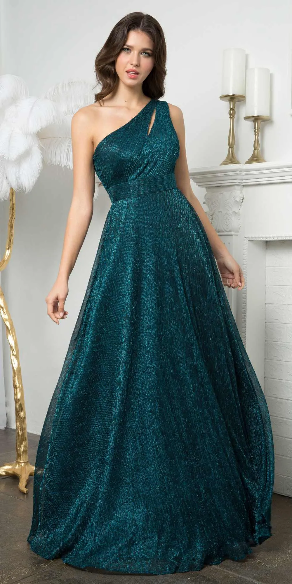 Juno A1008 Floor Length One Shoulder Metallic Knit Evening Gown