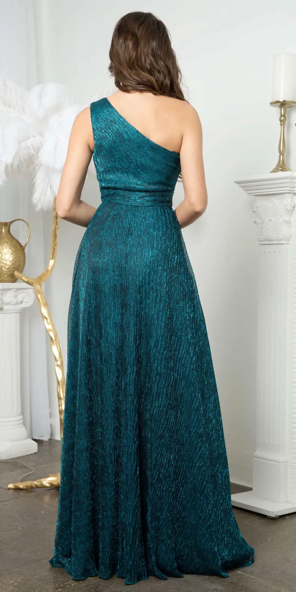 Juno A1008 Floor Length One Shoulder Metallic Knit Evening Gown