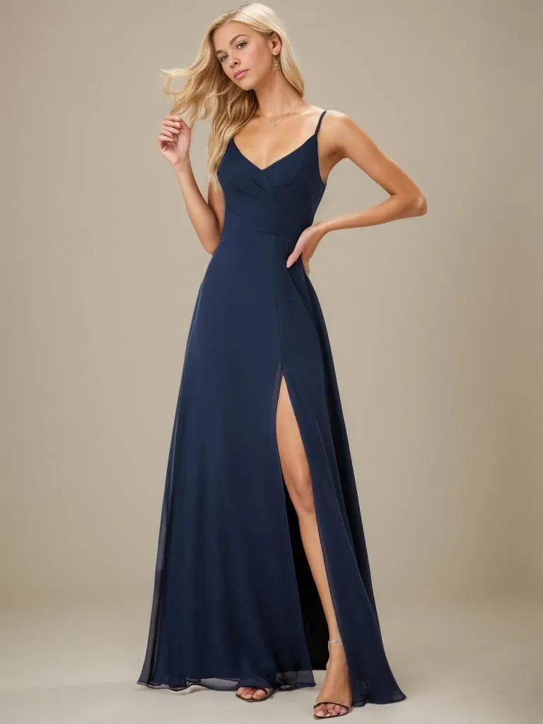 Kaia ball or bridesmaid dress with a split in navy Express NZ wide