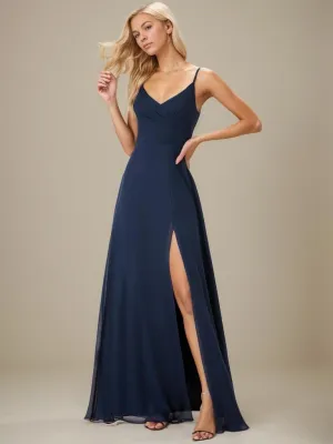 Kaia ball or bridesmaid dress with a split in navy Express NZ wide
