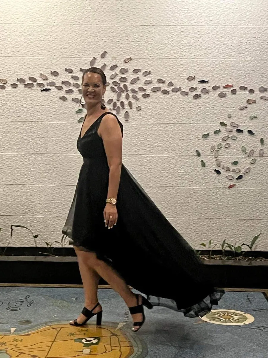 Karmen evening ball dress with split in black Express NZ wide