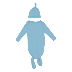 Kickee Pants Layette Knotted Gown and Hat Set- Seaside Blue