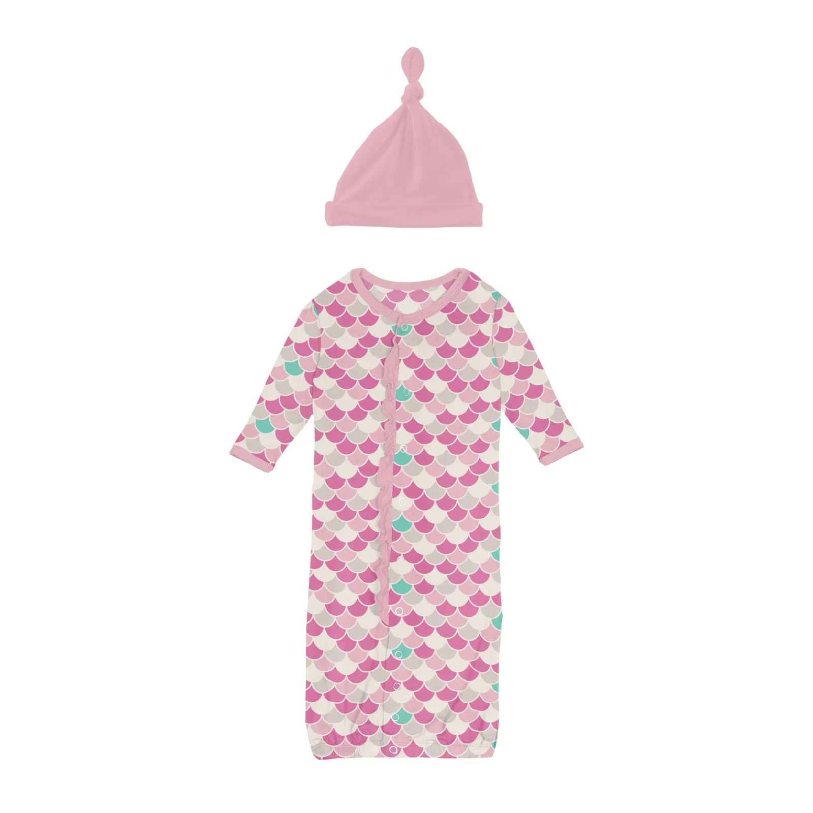Kickee Pants Tulip Scales Print Ruffle Layette Gown Converter & Single Knot Hat Set
