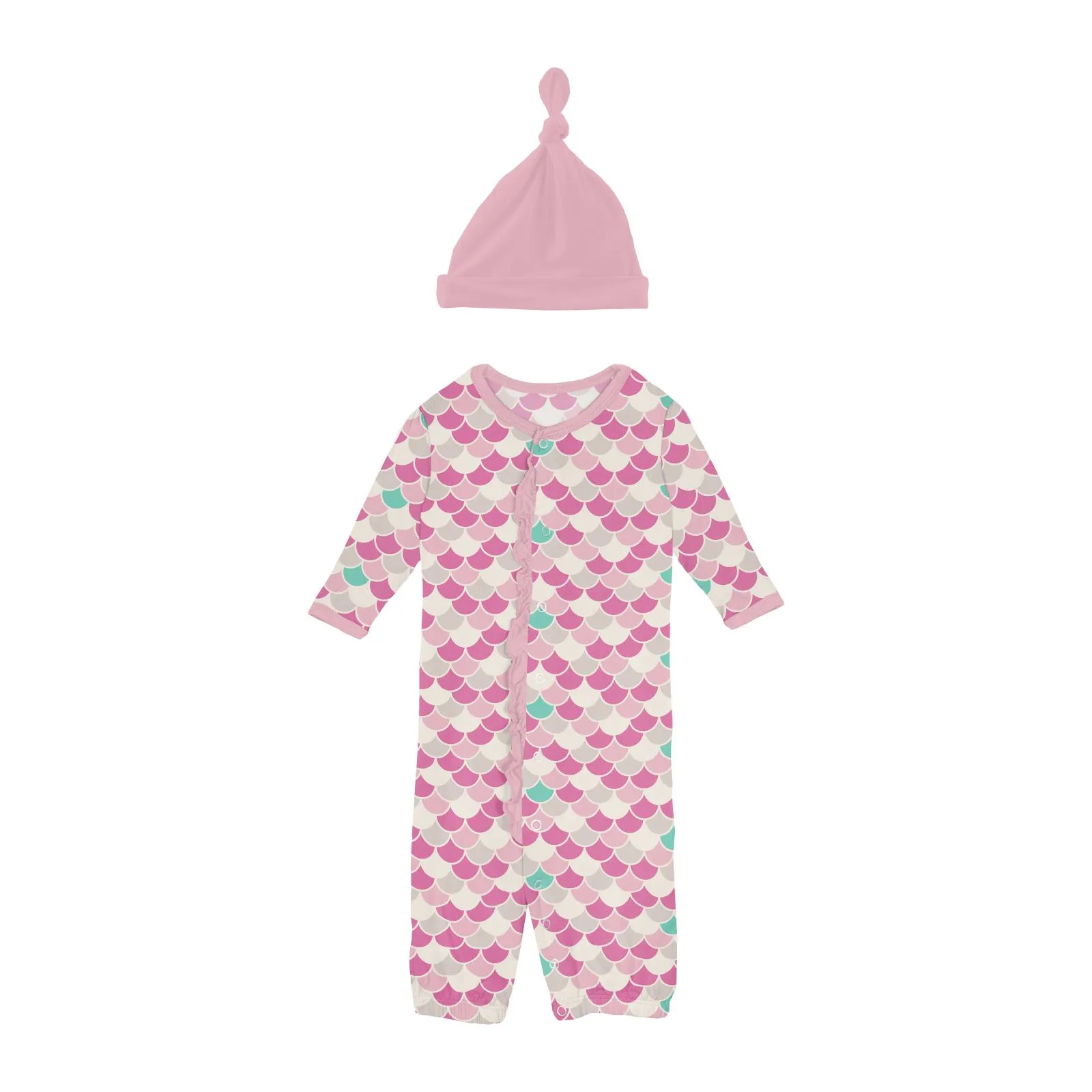 Kickee Pants Tulip Scales Print Ruffle Layette Gown Converter & Single Knot Hat Set