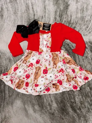 Kids Highland Cow Floral Dress