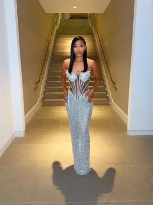 “Kimi” Rhinestone Corset Gown w/ Clear Crystal Detail