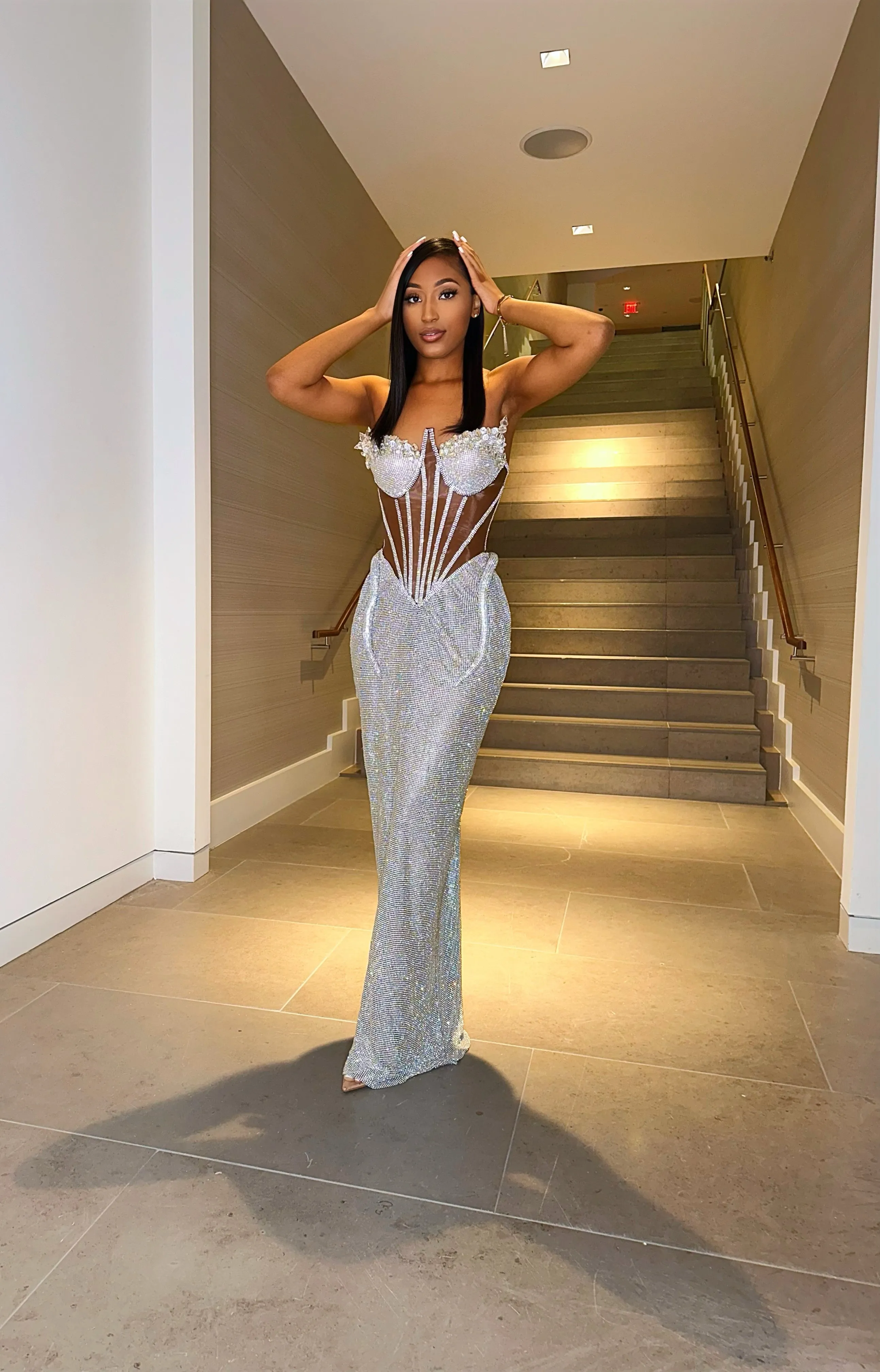 “Kimi” Rhinestone Corset Gown w/ Clear Crystal Detail