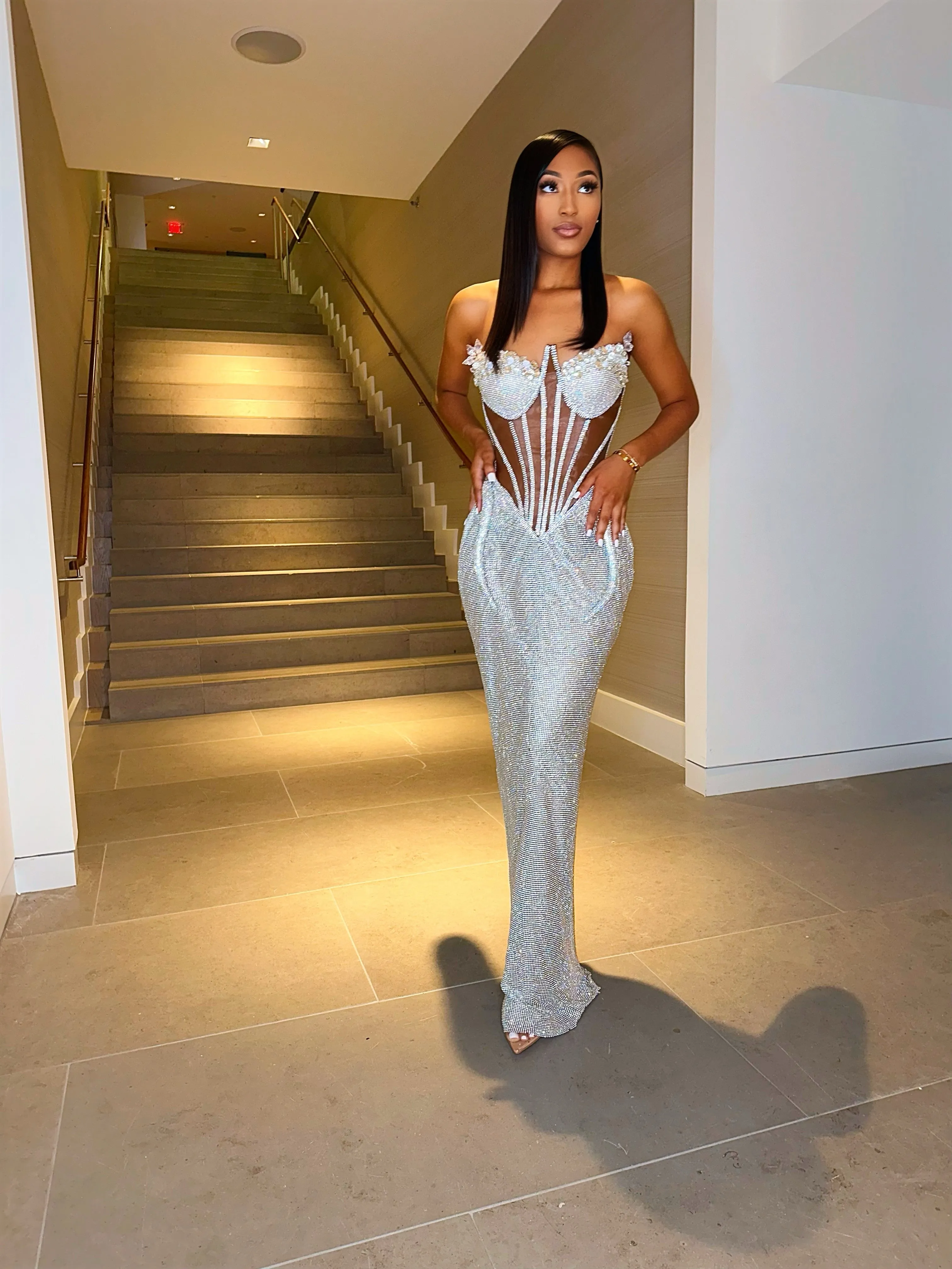 “Kimi” Rhinestone Corset Gown w/ Clear Crystal Detail