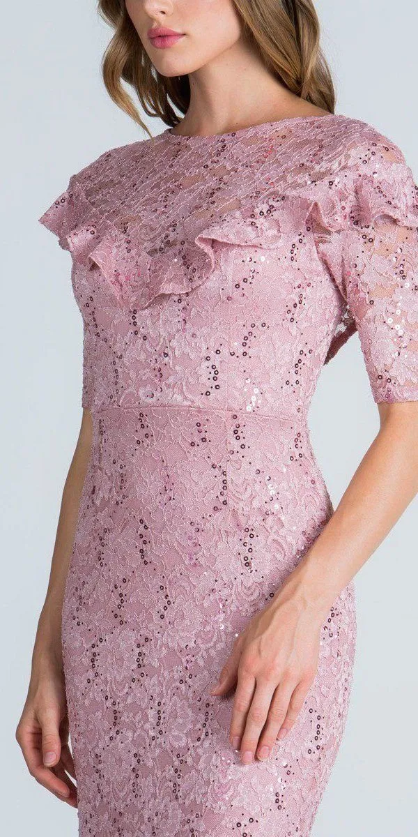 La Scala 24483 Illusion Ruffled Neckline Long Formal Dress Short Sleeves