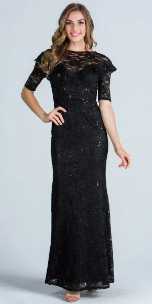 La Scala 24483 Illusion Ruffled Neckline Long Formal Dress Short Sleeves