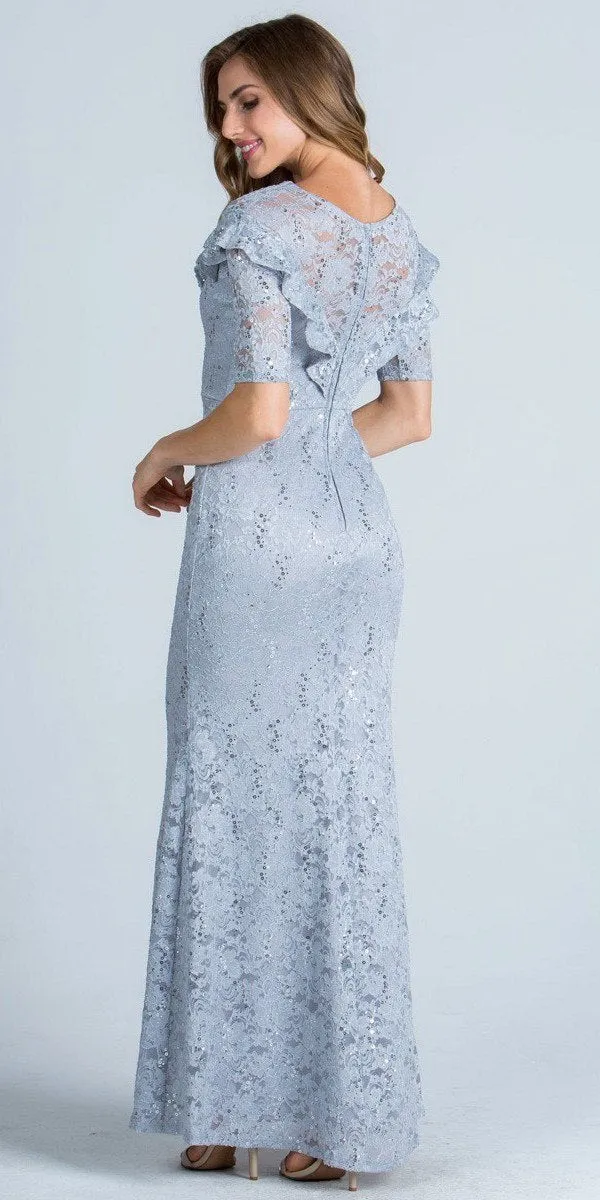 La Scala 24483 Illusion Ruffled Neckline Long Formal Dress Short Sleeves