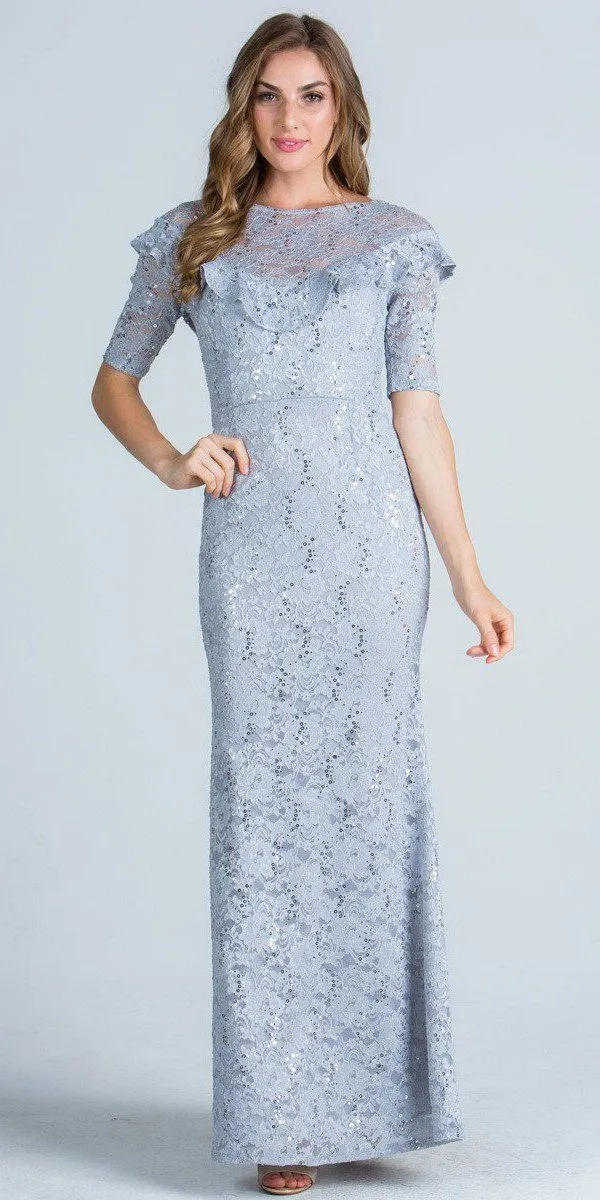 La Scala 24483 Illusion Ruffled Neckline Long Formal Dress Short Sleeves