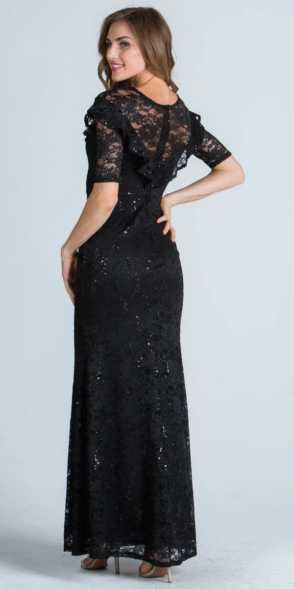 La Scala 24483 Illusion Ruffled Neckline Long Formal Dress Short Sleeves