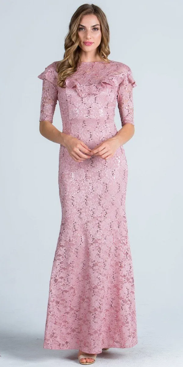 La Scala 24483 Illusion Ruffled Neckline Long Formal Dress Short Sleeves