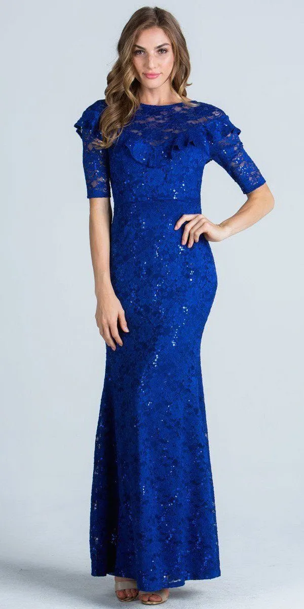 La Scala 24483 Illusion Ruffled Neckline Long Formal Dress Short Sleeves